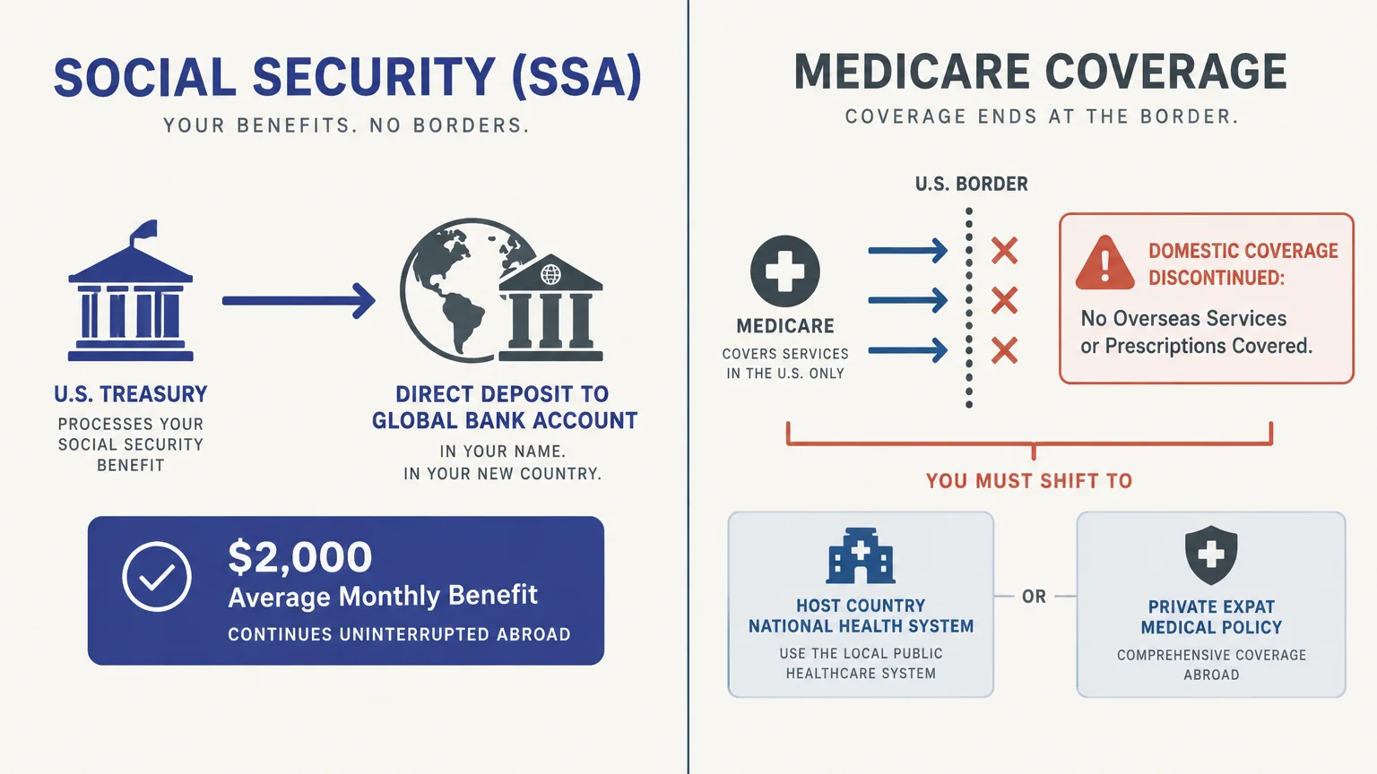 Infographic comparing Social Security direct deposits abroad to Medicare coverage ending at the U.S. border.