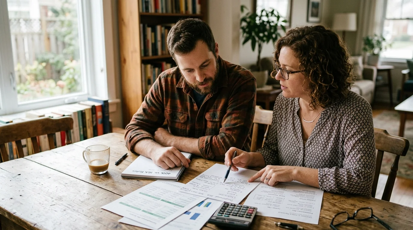 A man and woman sit at a wooden dining table reviewing paperwork, notes, and a calculator together.
