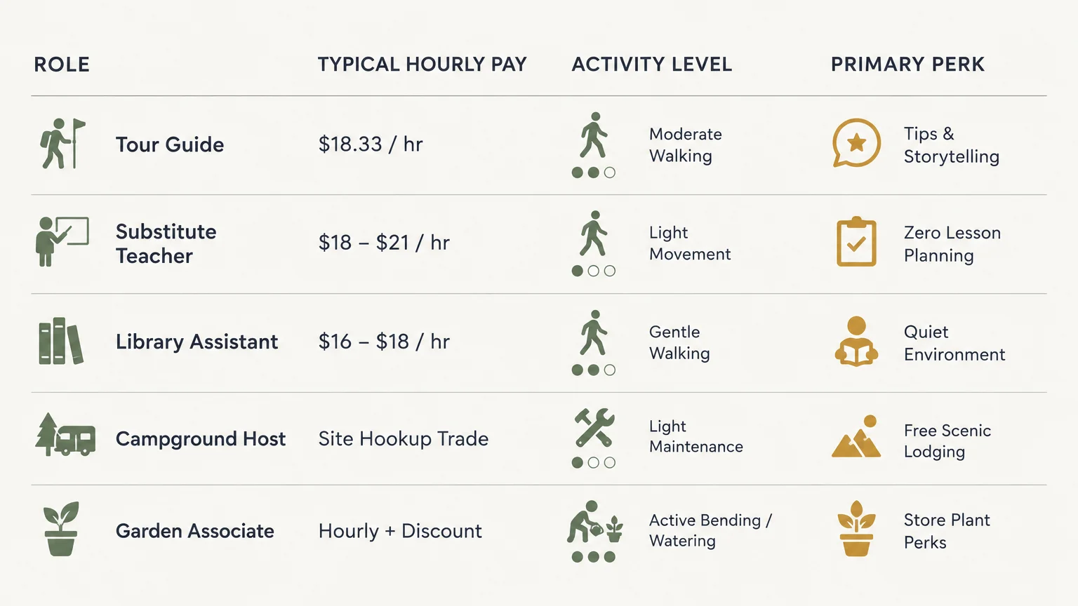 Table comparing hourly pay, activity levels, and primary perks for tour guides, substitute teachers, and other roles.