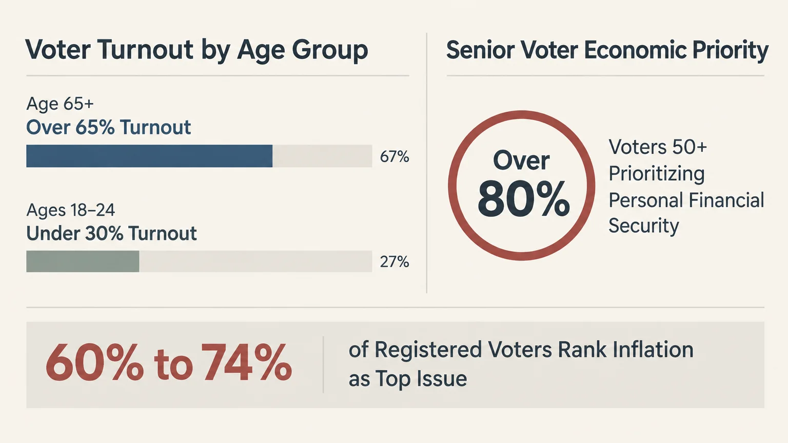 Infographic showing voter turnout comparisons by age group and statistics on senior economic priorities and inflation.