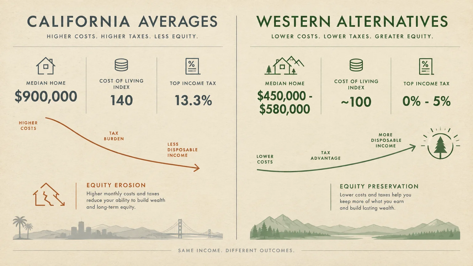 Diagram comparing California averages to western alternatives across median home price, cost of living, and income tax.
