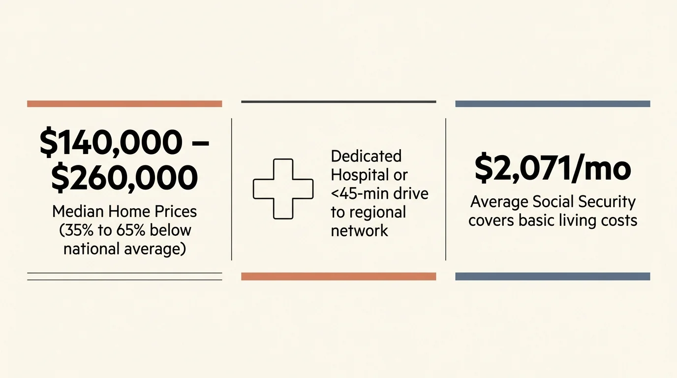 Infographic showing median home prices, healthcare access details, and an average monthly Social Security benefit of $2,071.