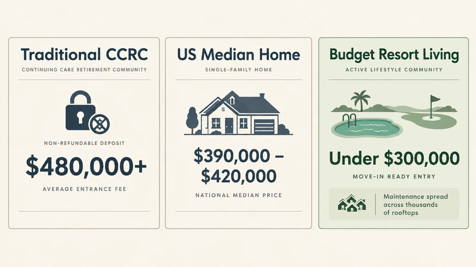 Infographic comparing costs of traditional CCRC, US median home, and budget resort living starting under $300,000.