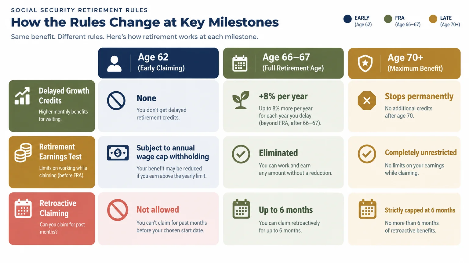 Comparison chart detailing Social Security rules for credits, earnings tests, and retroactive claiming across three age tiers.