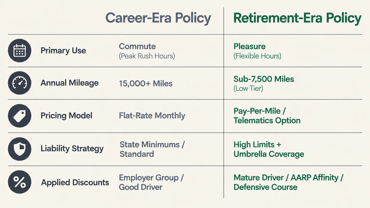 Chart comparing career-era and retirement-era auto policies across primary use, annual mileage, pricing, and liability.