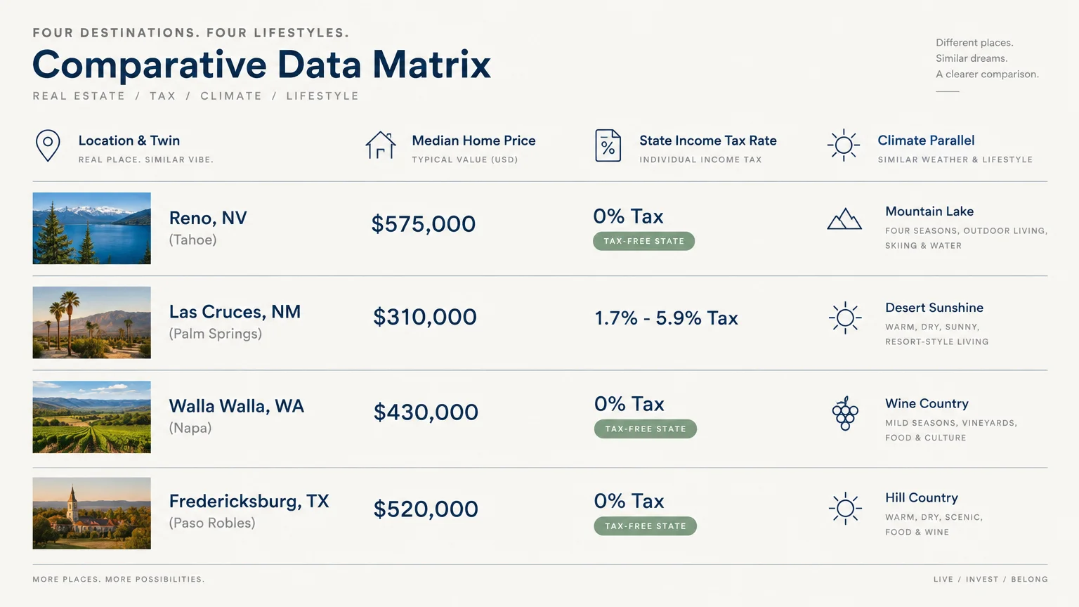 Comparative data matrix table listing home prices, income tax rates, and climate parallels for four relocation destinations.