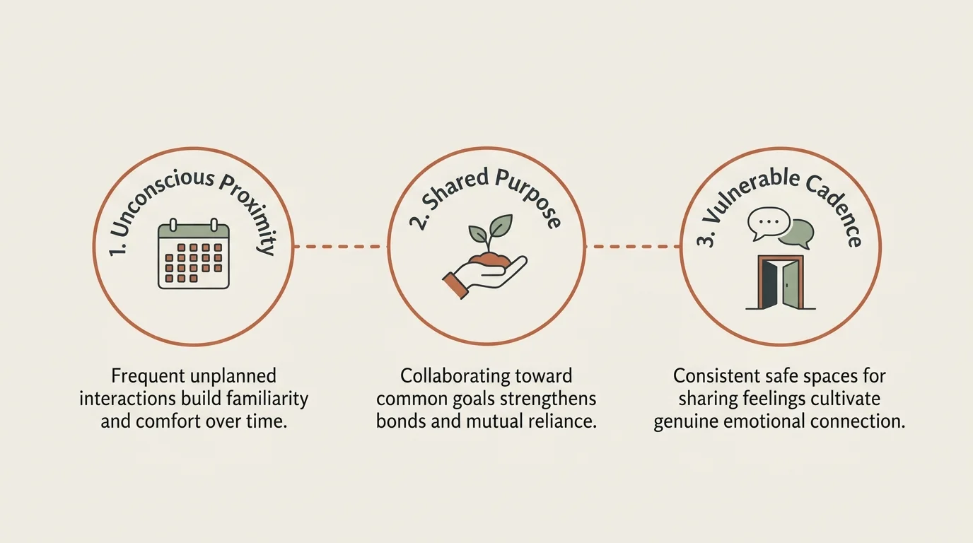 Three-step infographic with circular icons showing Unconscious Proximity, Shared Purpose, and Vulnerable Cadence.