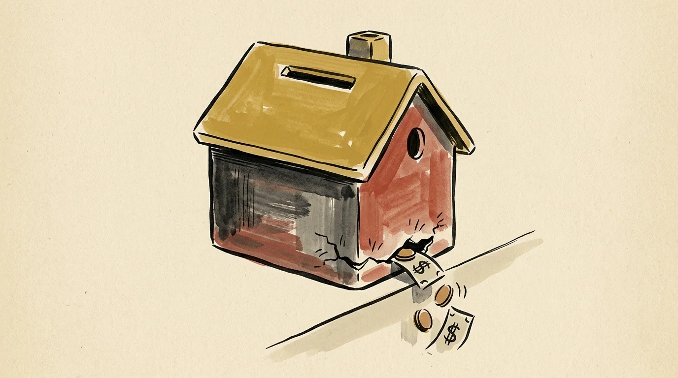 Illustration of a house-shaped coin bank with a cracked base leaking dollar bills and coins.