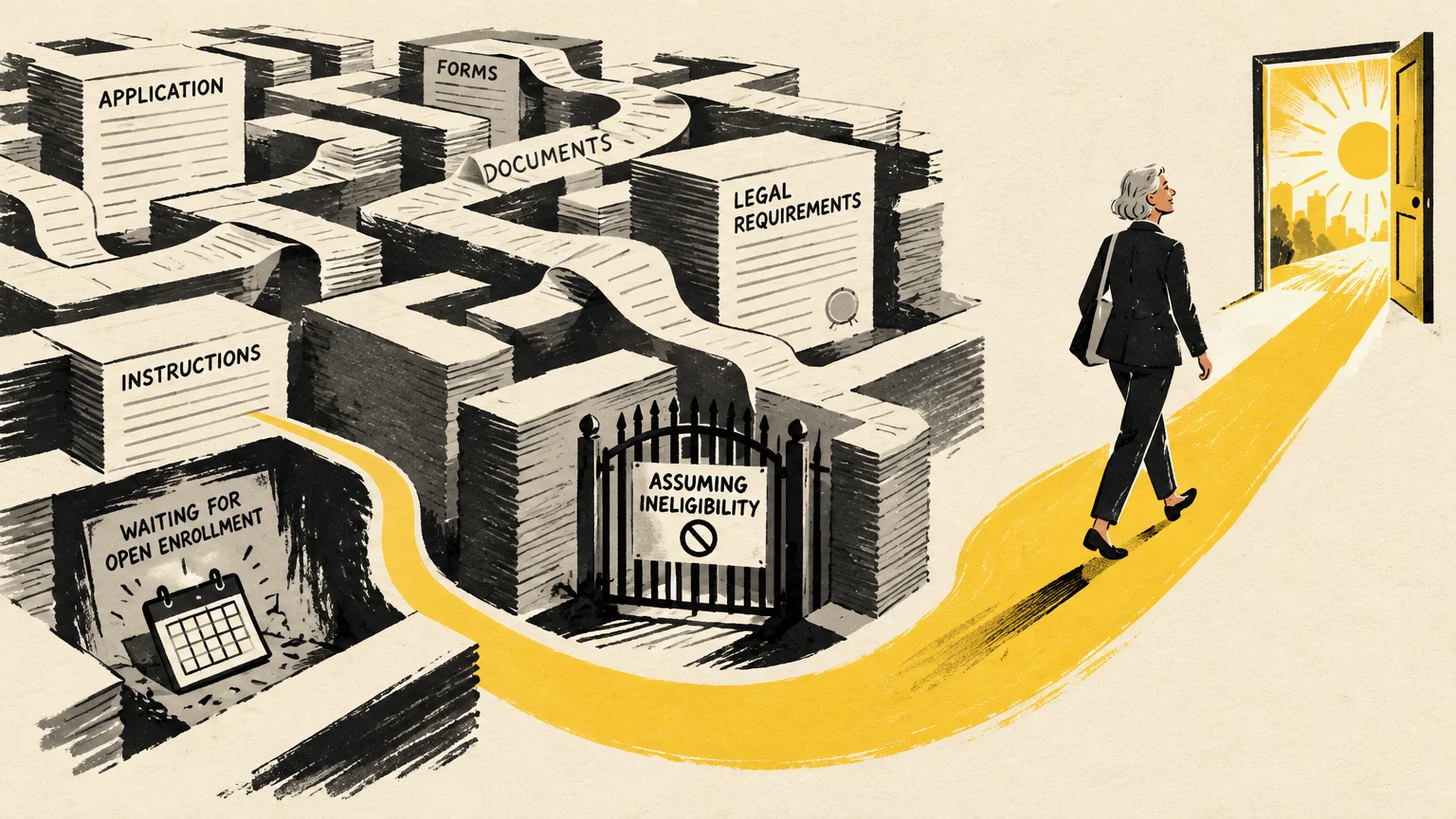 Illustration of a woman walking along a yellow path out of a paperwork maze toward a sunny open doorway.