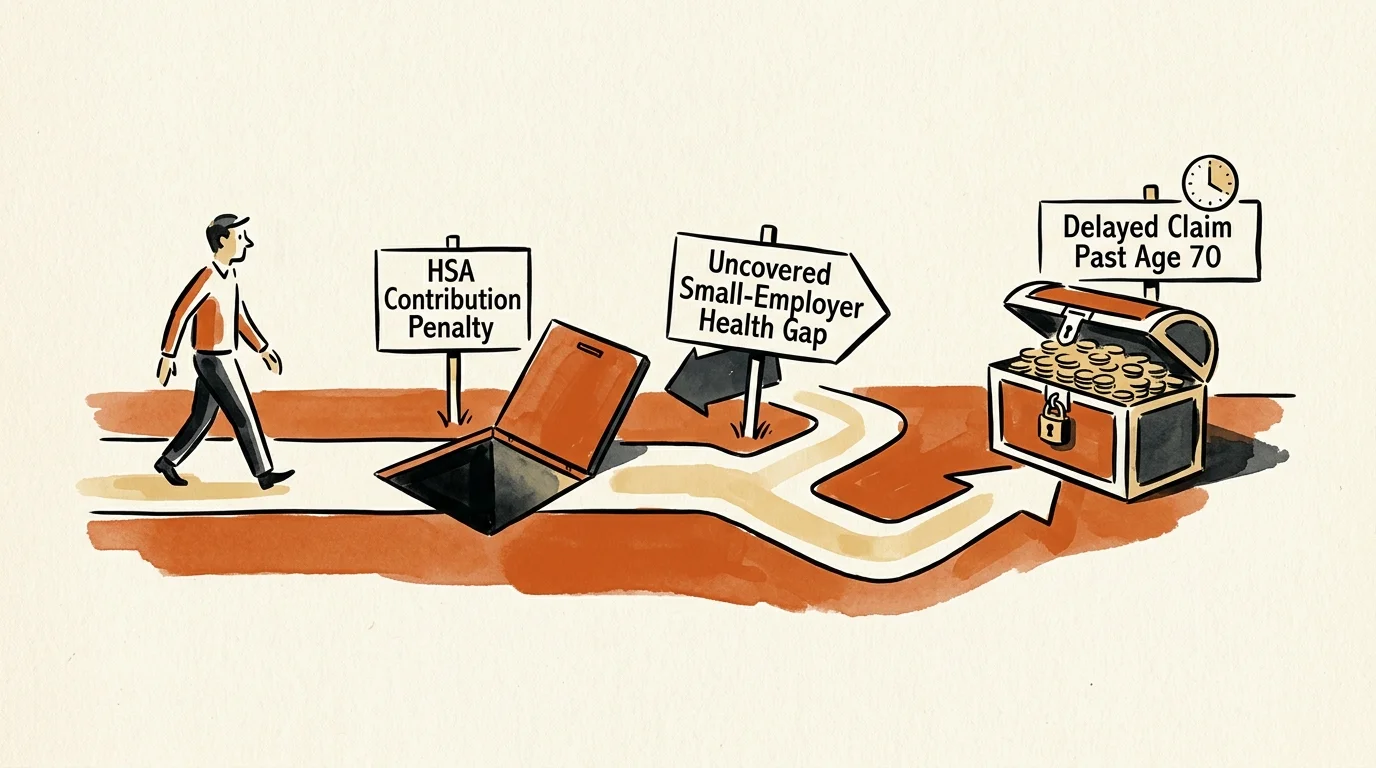 Illustration of a man walking a path past pitfall signs and an open trapdoor toward a treasure chest.