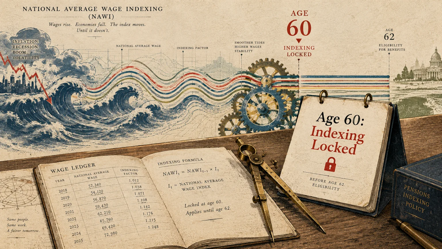 Illustration of an open wage ledger, drafting compass, and calendar pad marking age 60 indexing locked before age 62.