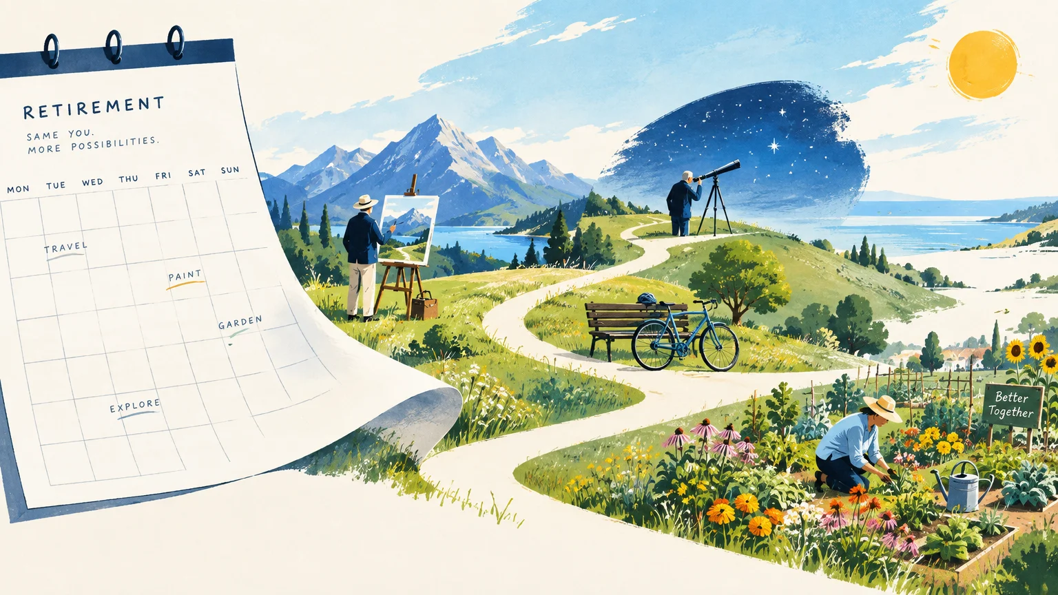Illustration of a retirement calendar unfurling into a landscape where seniors paint, garden, cycle, and stargaze.