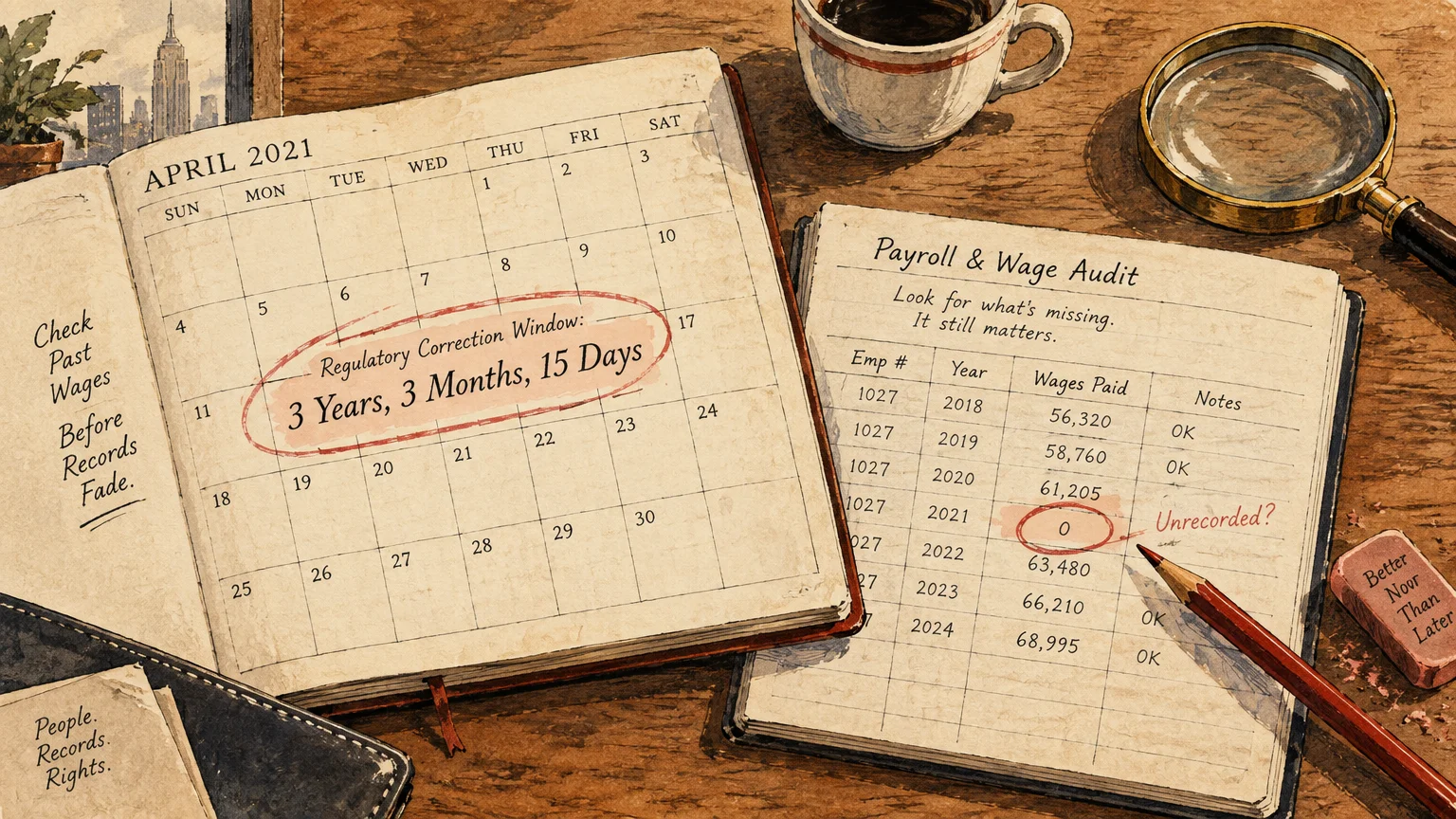 Desk with an open April 2021 calendar, a payroll audit log notebook, pencil, magnifying glass, and coffee cup.