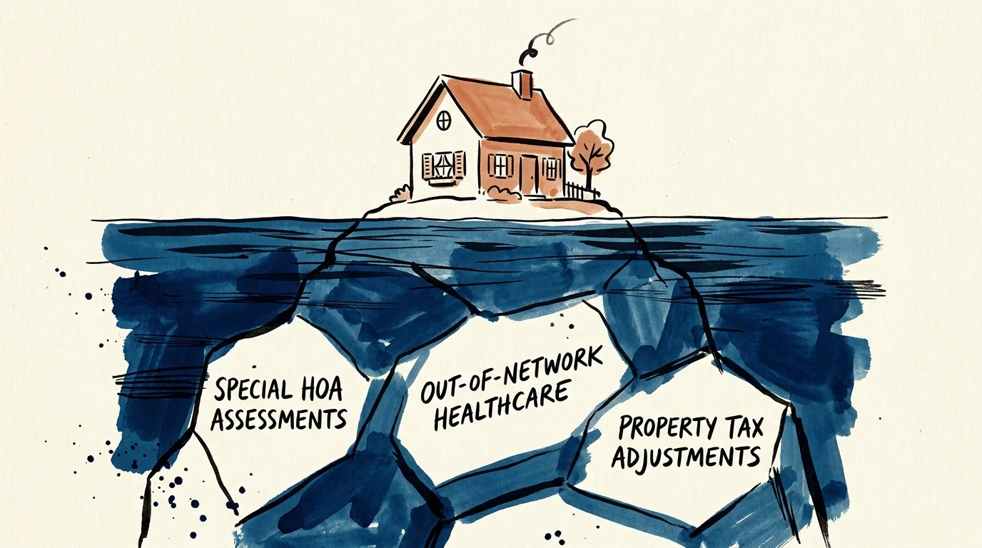 Watercolor illustration of a small house atop an iceberg with submerged sections labeled with hidden retirement costs.