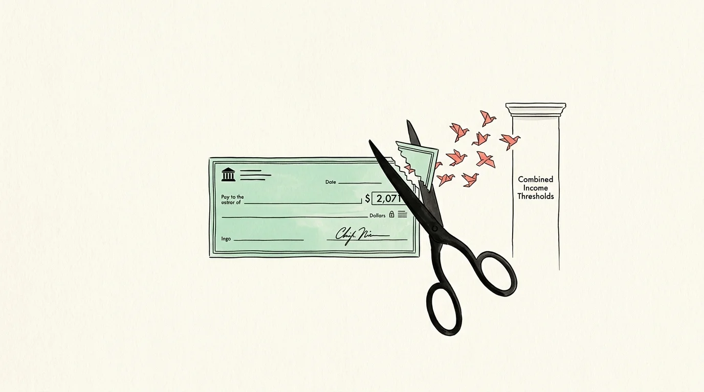 Scissors cut a green check into flying paper birds next to a pillar labeled Combined Income Thresholds.