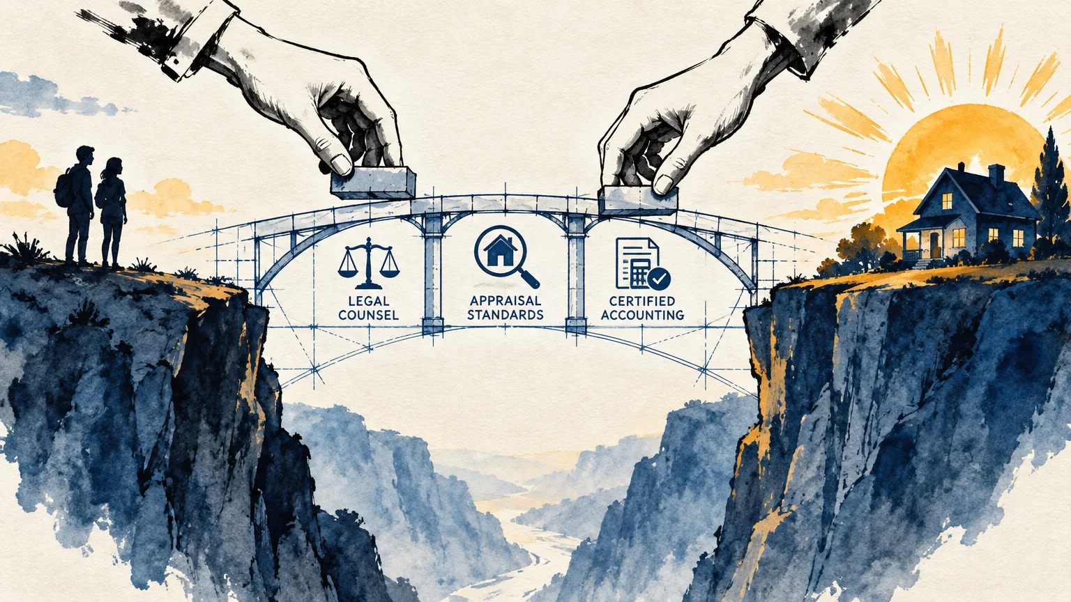 Illustration of hands building a blueprint bridge labeled with legal and accounting icons across a deep canyon toward a house.