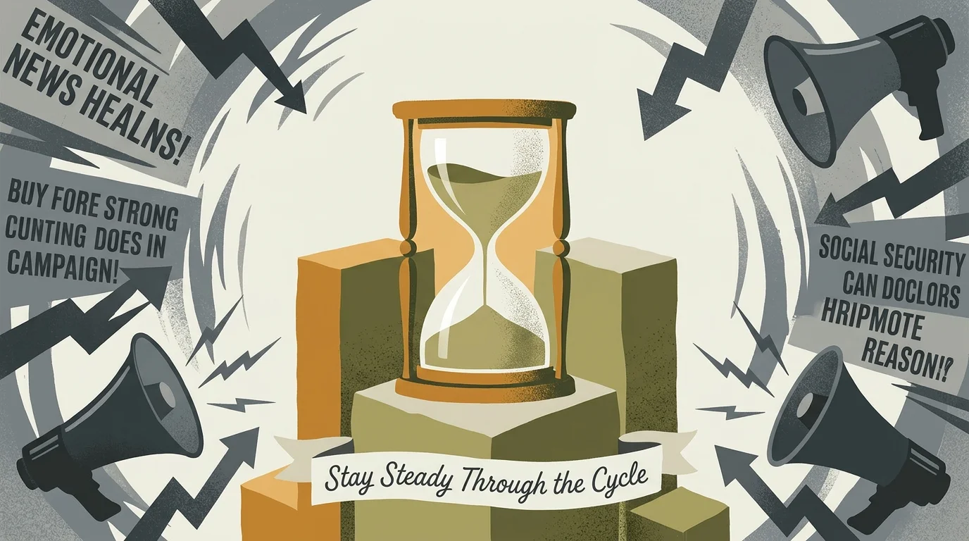 Illustration of an hourglass surrounded by megaphones, arrows, and a banner reading Stay Steady Through the Cycle.
