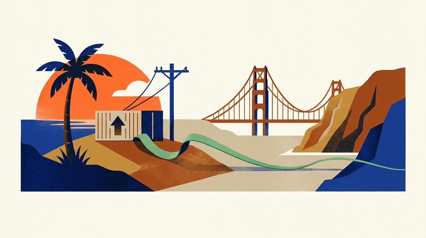 Stylized illustration featuring a palm tree, sunset, cargo container, ribbon, suspension bridge, and coastal cliffs.