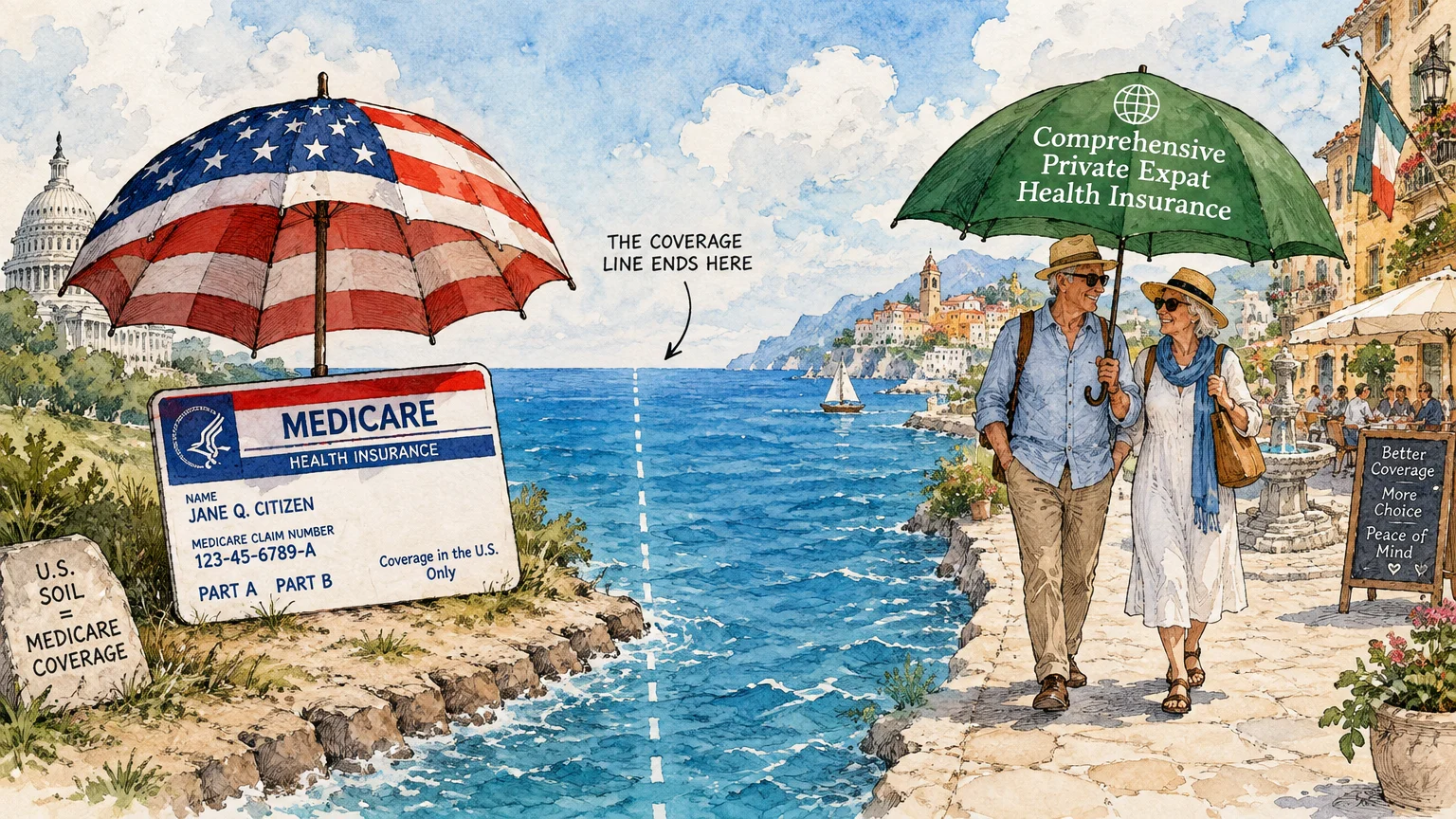 Split illustration showing a Medicare umbrella over U.S. soil and retirees under an expat insurance umbrella abroad.