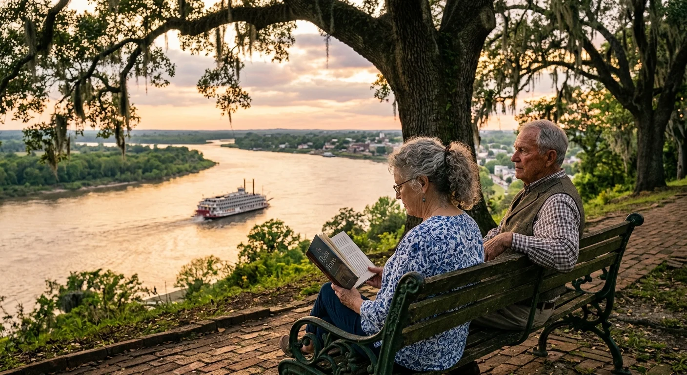 Older couple sitting on a park bench overlooking a wide river with a steamboat at sunset.