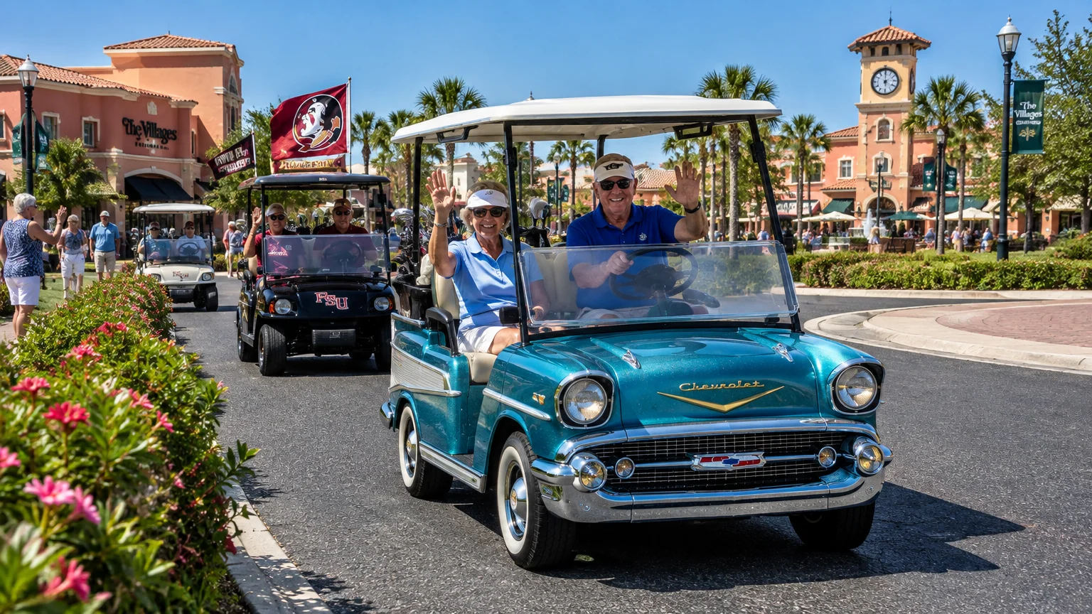 A smiling senior couple waves while driving a custom teal vintage-car golf cart along a paved town street.