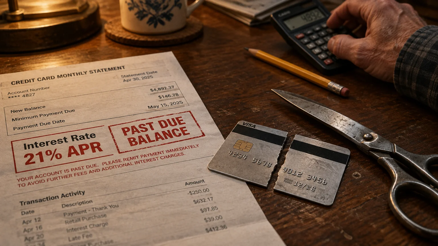 A past-due credit card statement showing 21% APR beside a cut credit card, scissors, and a hand using a calculator.