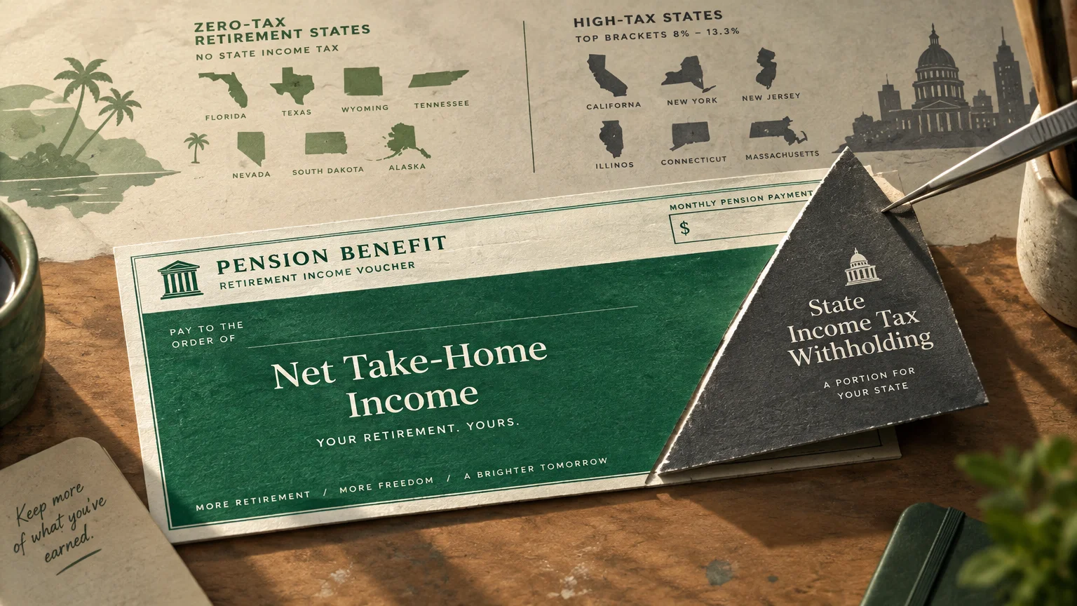 Illustration of a pension benefit check cut into net take-home income and state income tax withholding pieces.