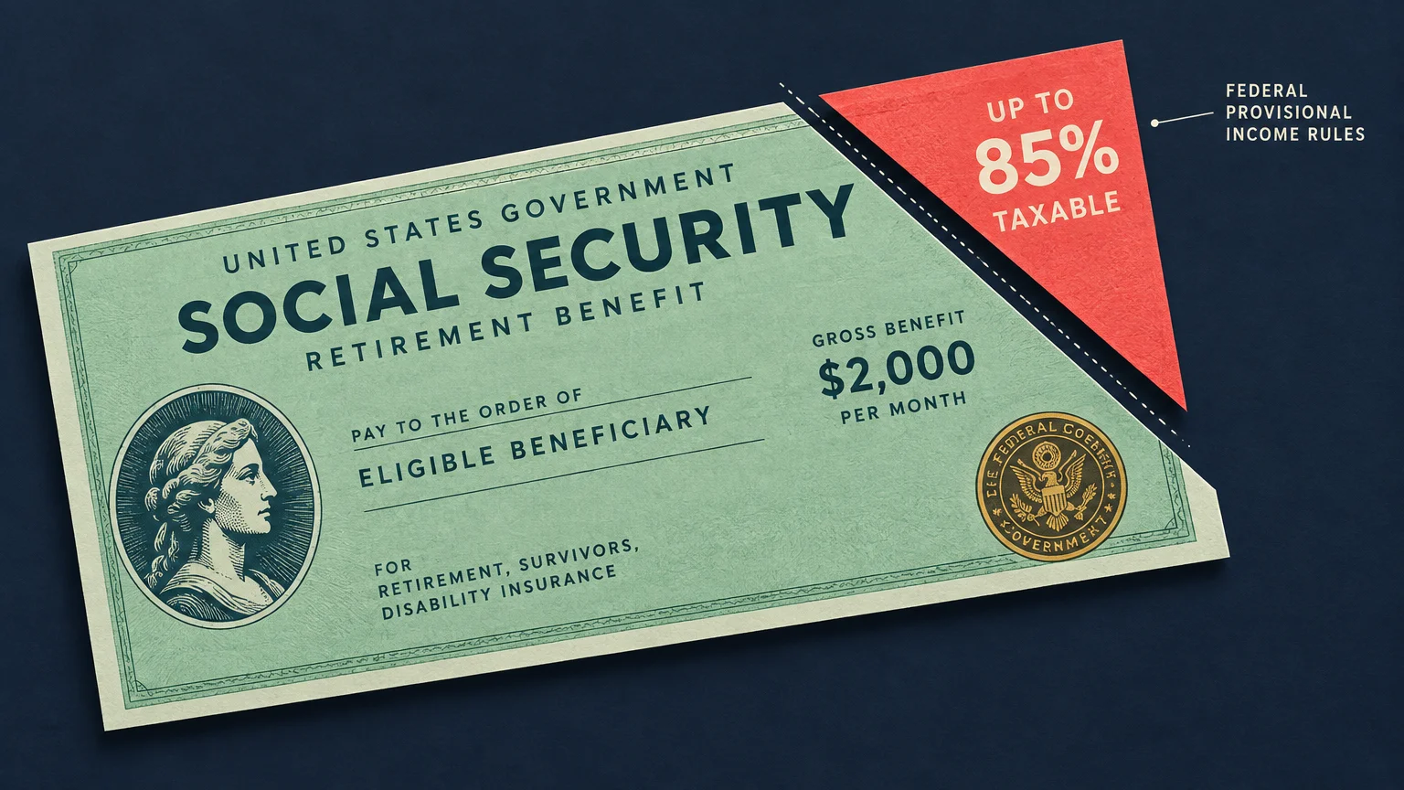 A Social Security check with a red corner slice cut away showing up to 85% taxable text.