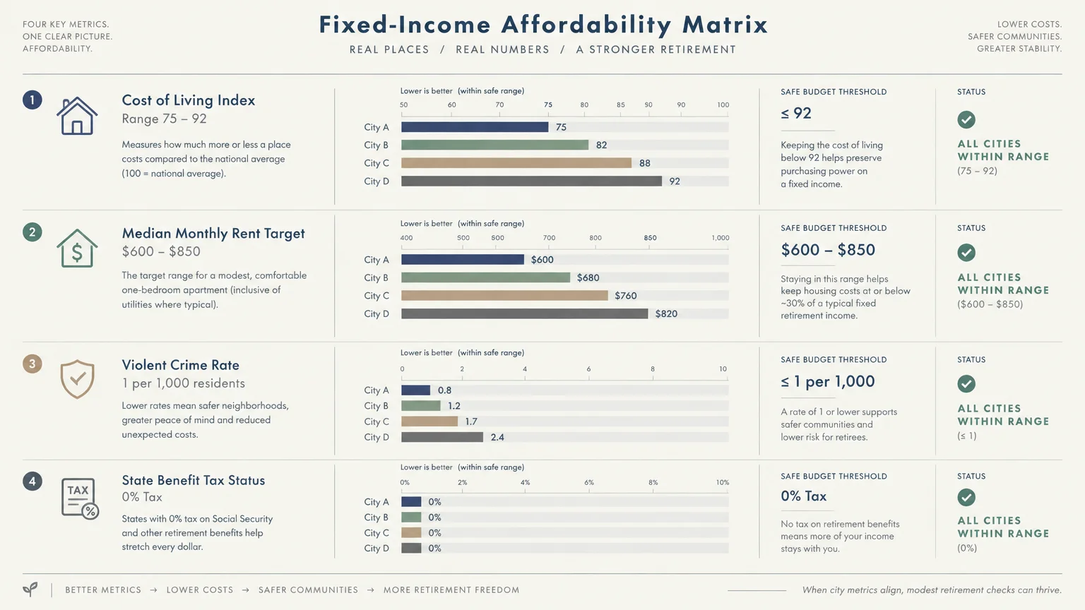 Fixed-Income Affordability Matrix diagram charting cost of living, rent target, violent crime rate, and tax status.