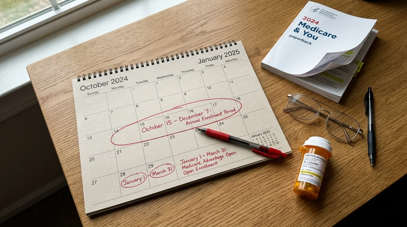 A desk calendar marked with Medicare enrollment dates next to a Medicare & You handbook, glasses, and pill bottle.