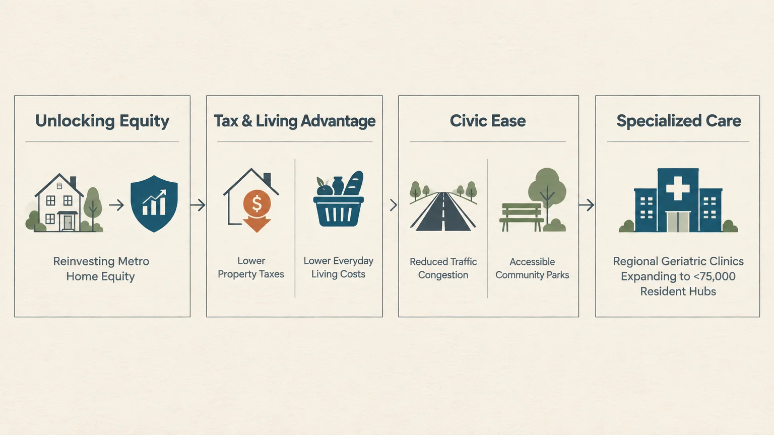 Four-step diagram showing Unlocking Equity, Tax & Living Advantage, Civic Ease, and Specialized Care with icons.