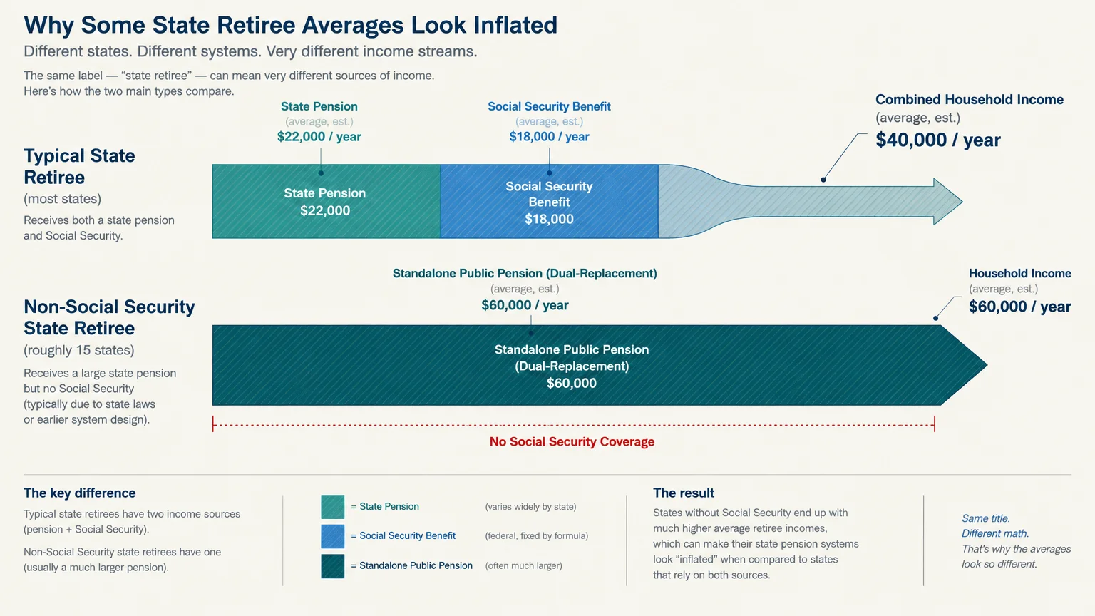 Flowchart comparing income sources for typical state retirees versus non-Social Security state retirees.