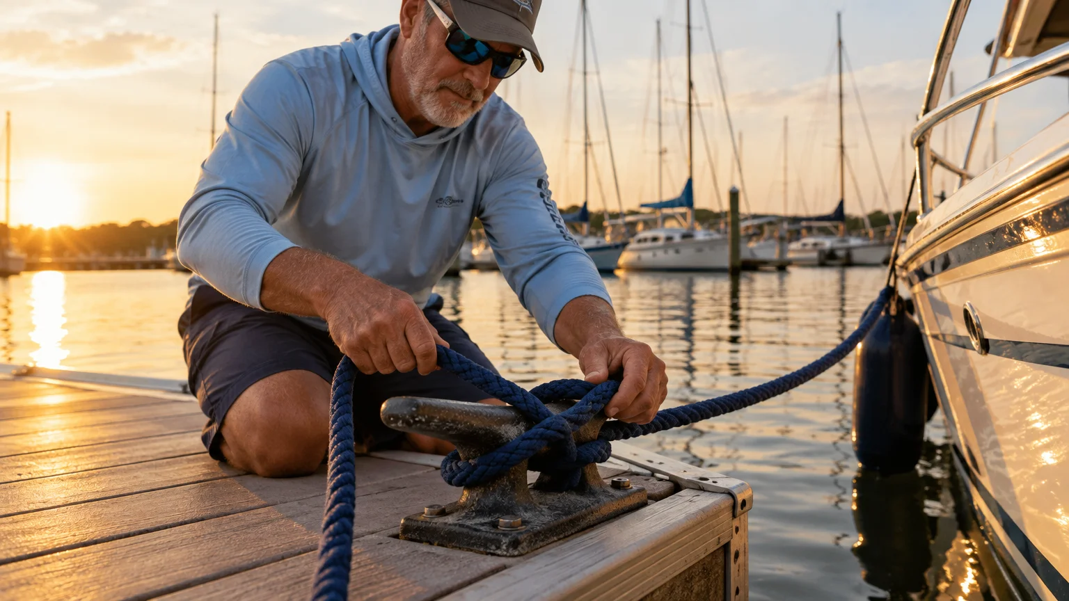 A senior man ties a blue mooring line around a dock cleat near a docked boat at sunset.