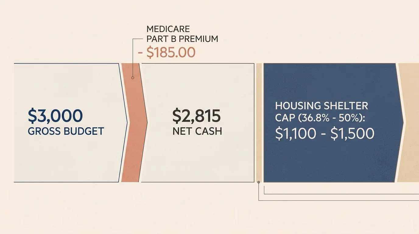 Diagram showing a $3,000 gross budget minus $185.00 Medicare Part B premium, leaving $2,815 net cash beside a housing cap.