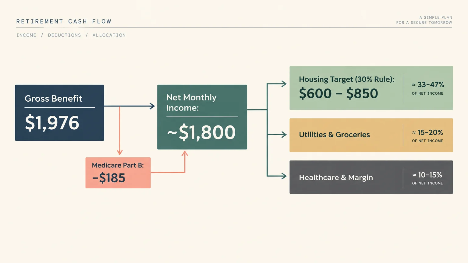Diagram mapping retirement cash flow from gross benefits to net monthly income and allocations like housing, utilities, and groceries.