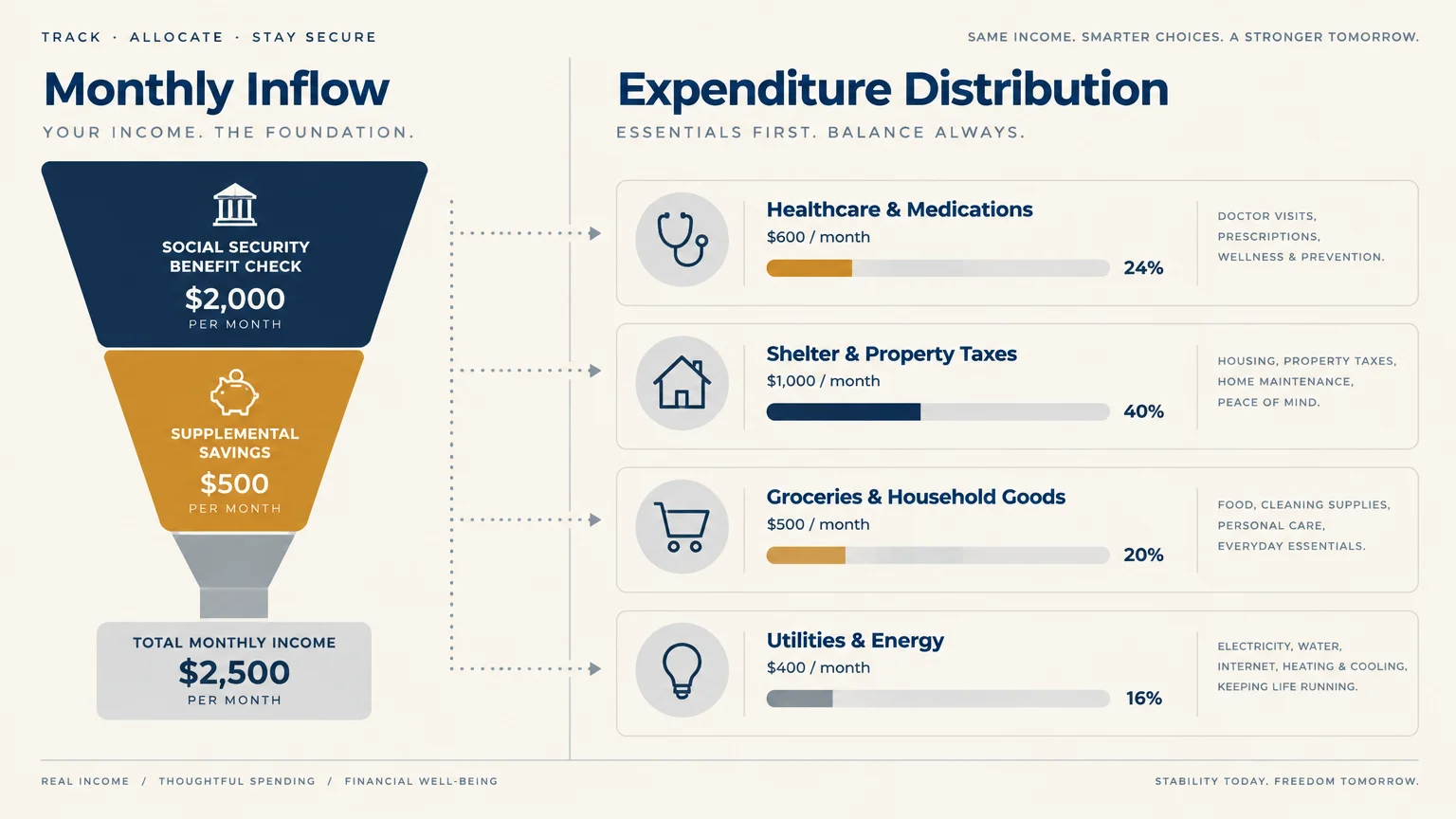 Infographic comparing a monthly income funnel of $2,500 to expenditure bars for healthcare, shelter, groceries, and utilities.