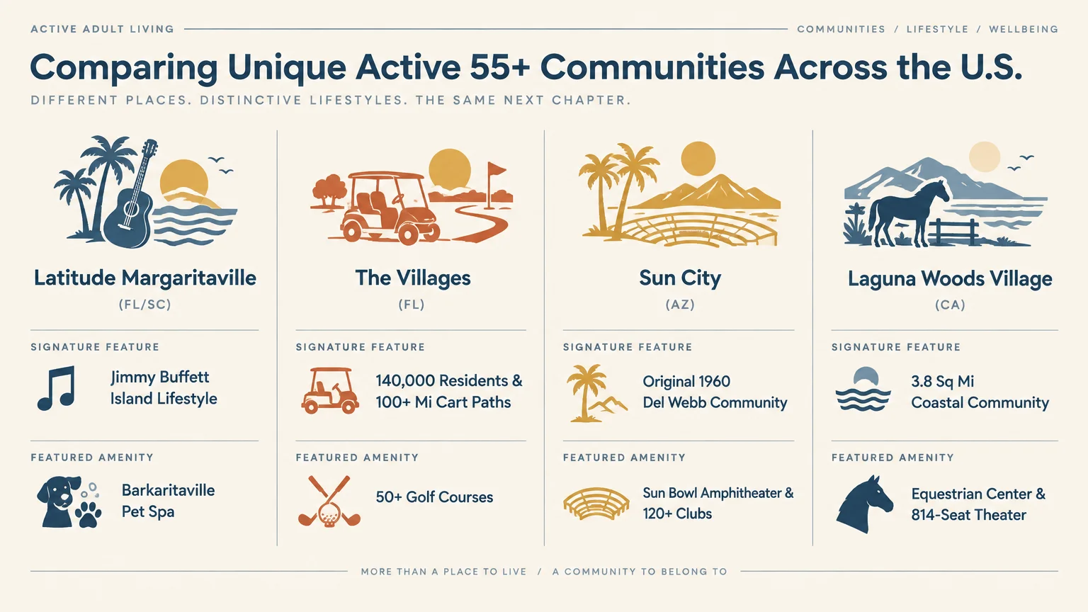 Comparison graphic of four active 55+ communities: Latitude Margaritaville, The Villages, Sun City, and Laguna Woods Village.