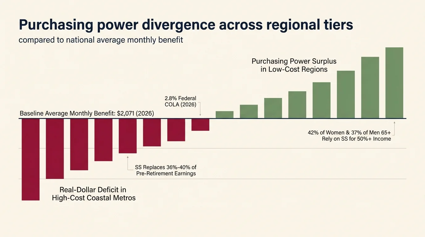 Bar chart showing purchasing power divergence across regional tiers compared to a baseline average monthly benefit.