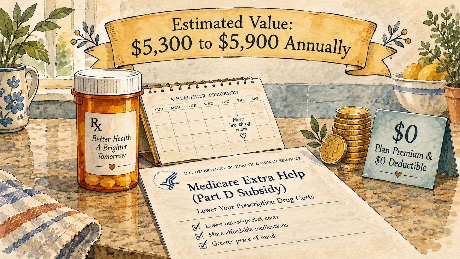 Pill bottle, Medicare Extra Help document, desk calendar, and stacked coins beneath a banner on a kitchen counter.
