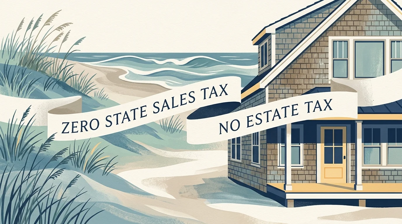 Coastal house beside sand dunes and ocean with a banner reading zero state sales tax and no estate tax.