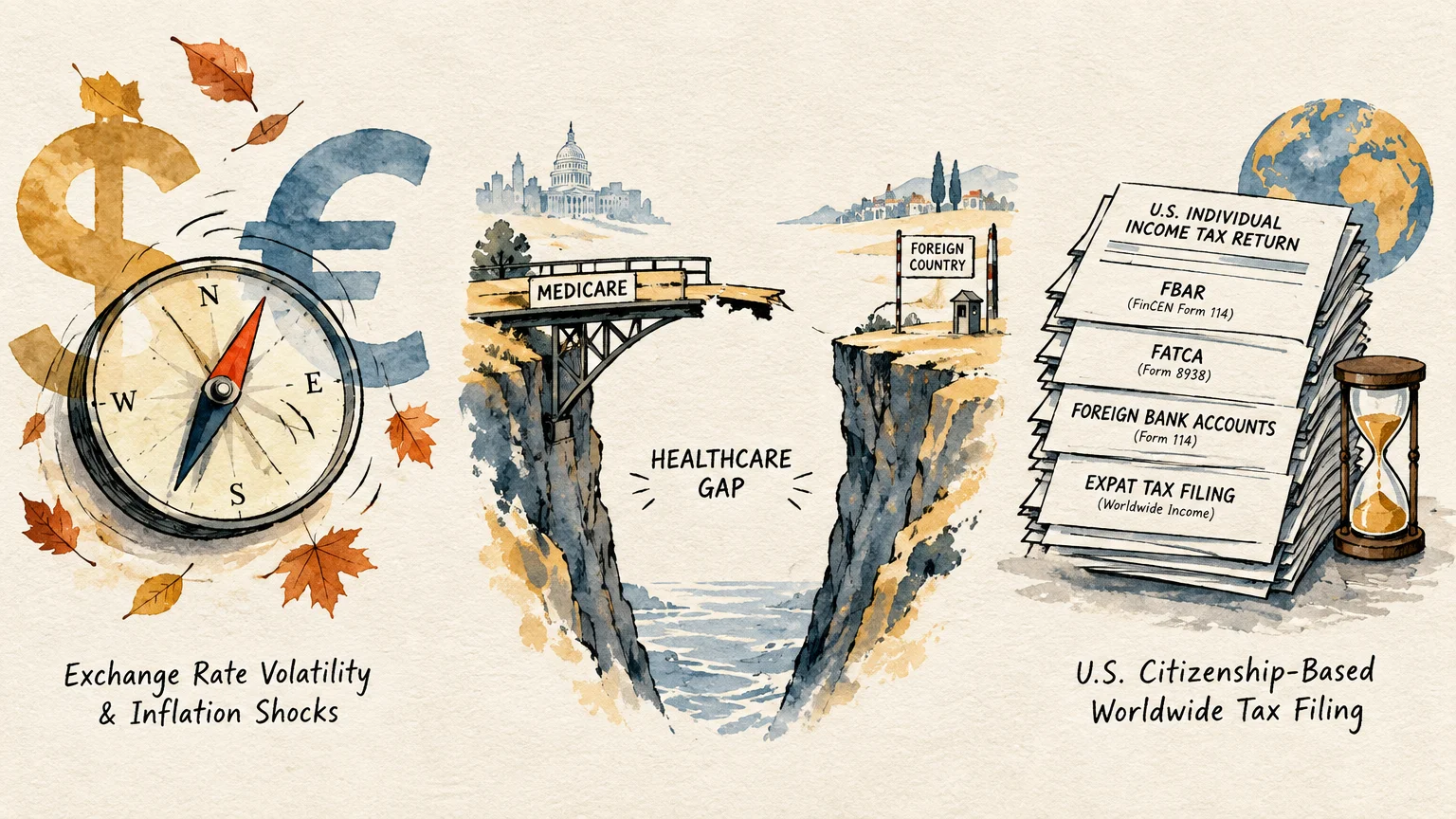 Illustration of currency symbols, a broken bridge labeled Medicare spanning a chasm, and a stack of U.S. tax documents.