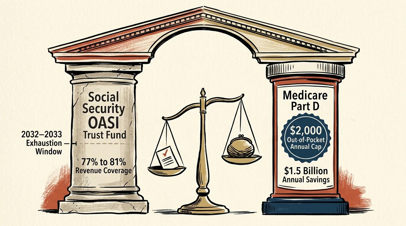 Illustration of a classical archway supported by a stone pillar for Social Security and a pill bottle for Medicare.