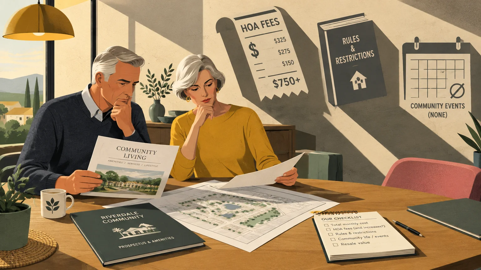 An older couple reviews floor plans at a table with graphics of HOA fees, rules, and an empty calendar on the wall.