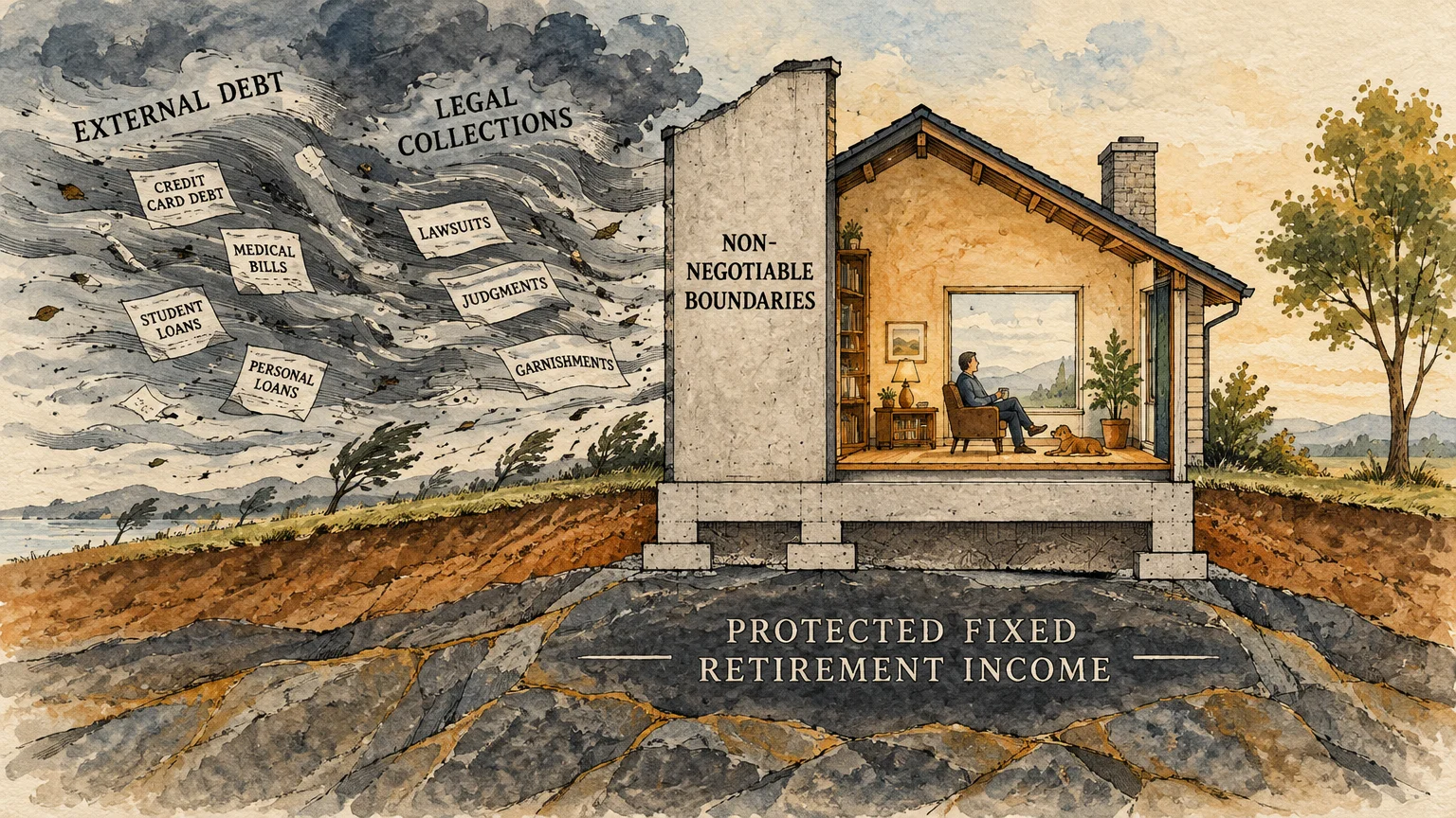 Cutaway illustration of a house with a boundary wall shielding a resting retiree from a storm of external debts.