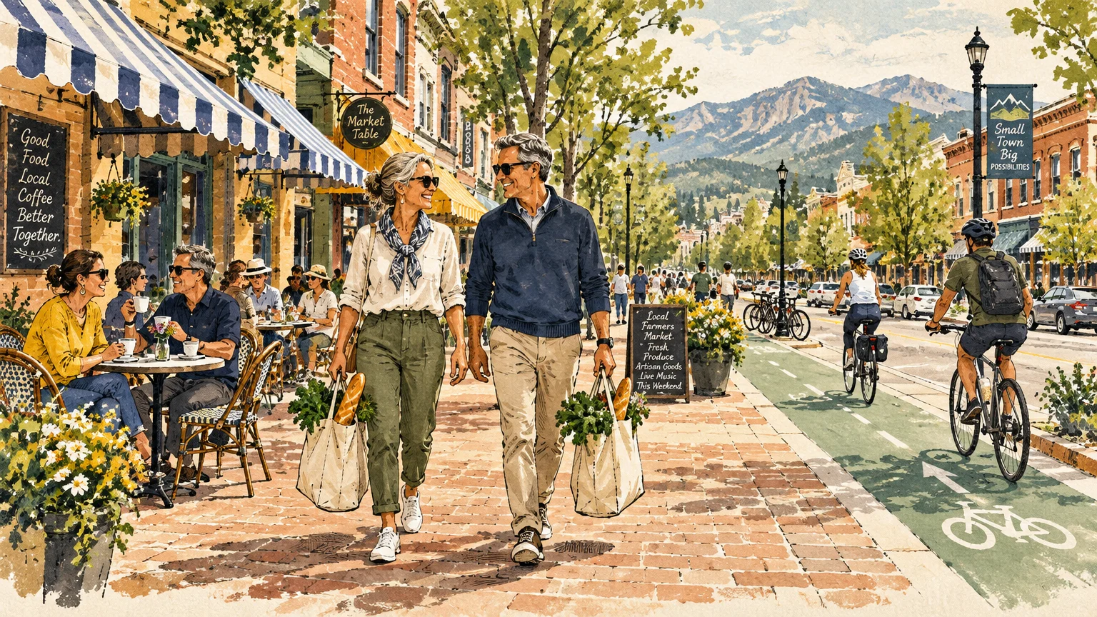 Illustration of an older couple carrying grocery bags along a bustling town sidewalk lined with cafes and a bike lane.