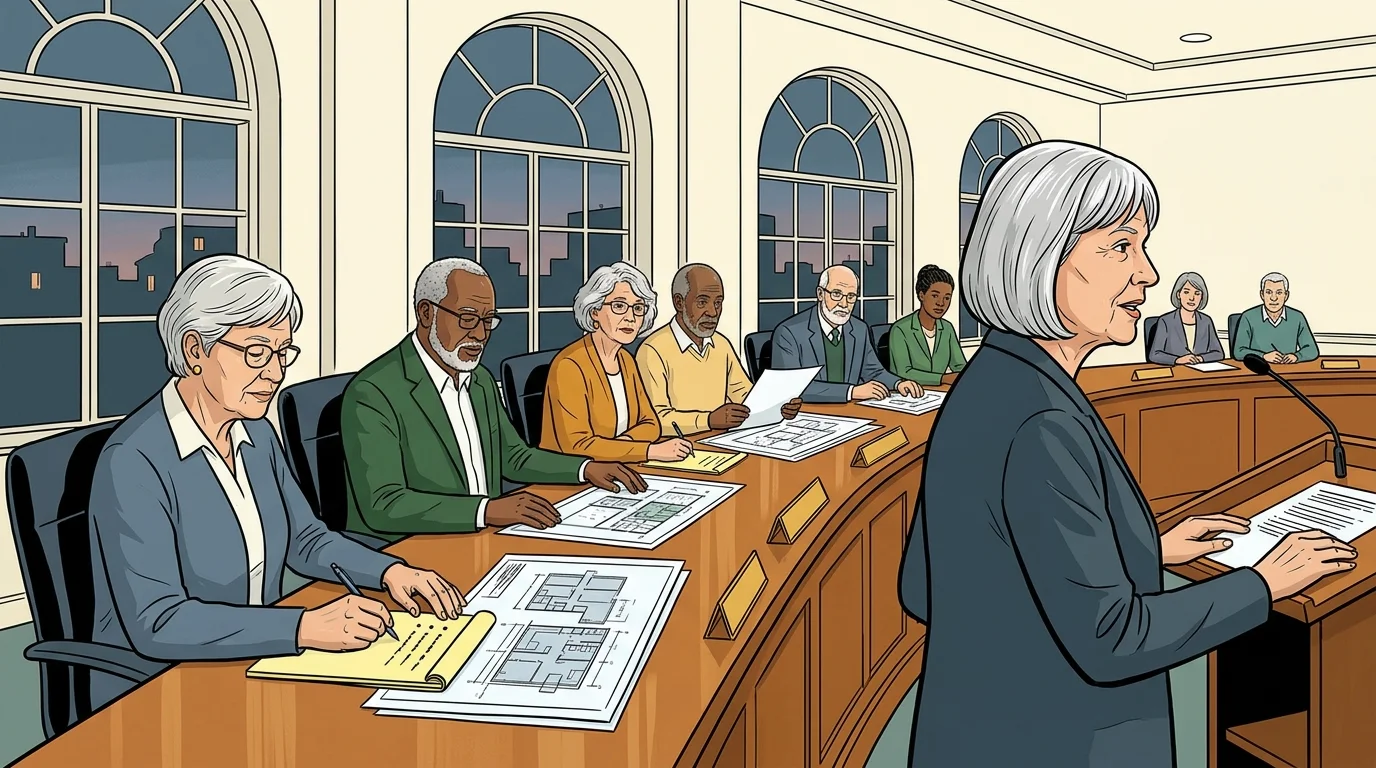 Illustration of older adults seated at a curved council table with architectural blueprints while a woman speaks at a podium.