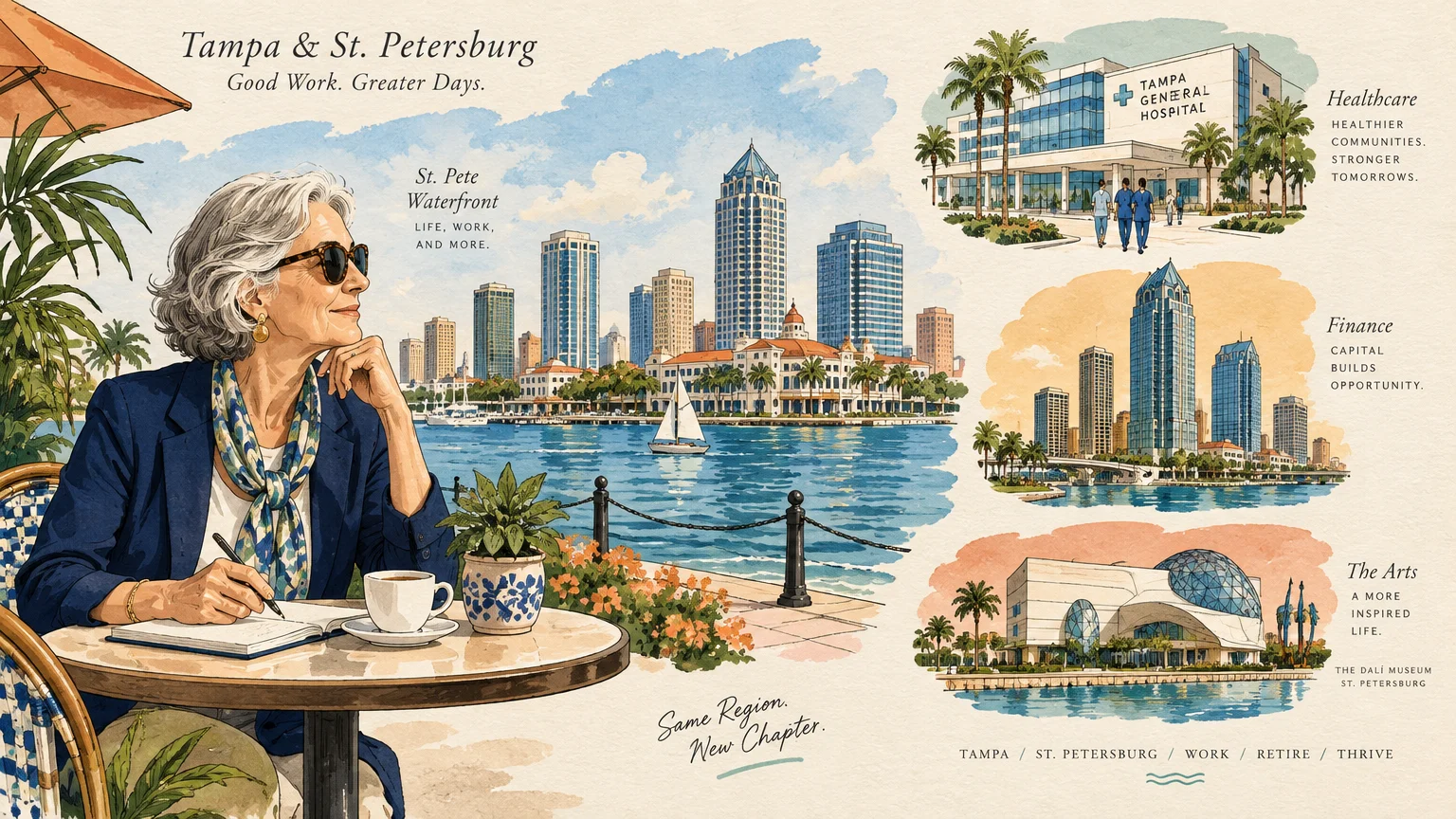 Illustration of an older woman writing at an outdoor cafe overlooking a city waterfront, with healthcare, finance, and arts vignettes.