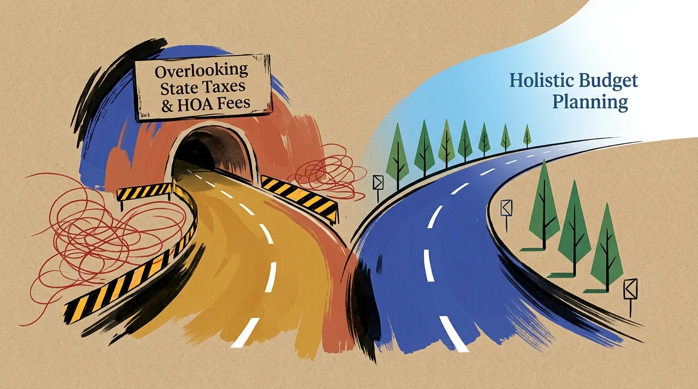 Split road graphic with one path leading into a dark tunnel and an open blue road lined with green trees.