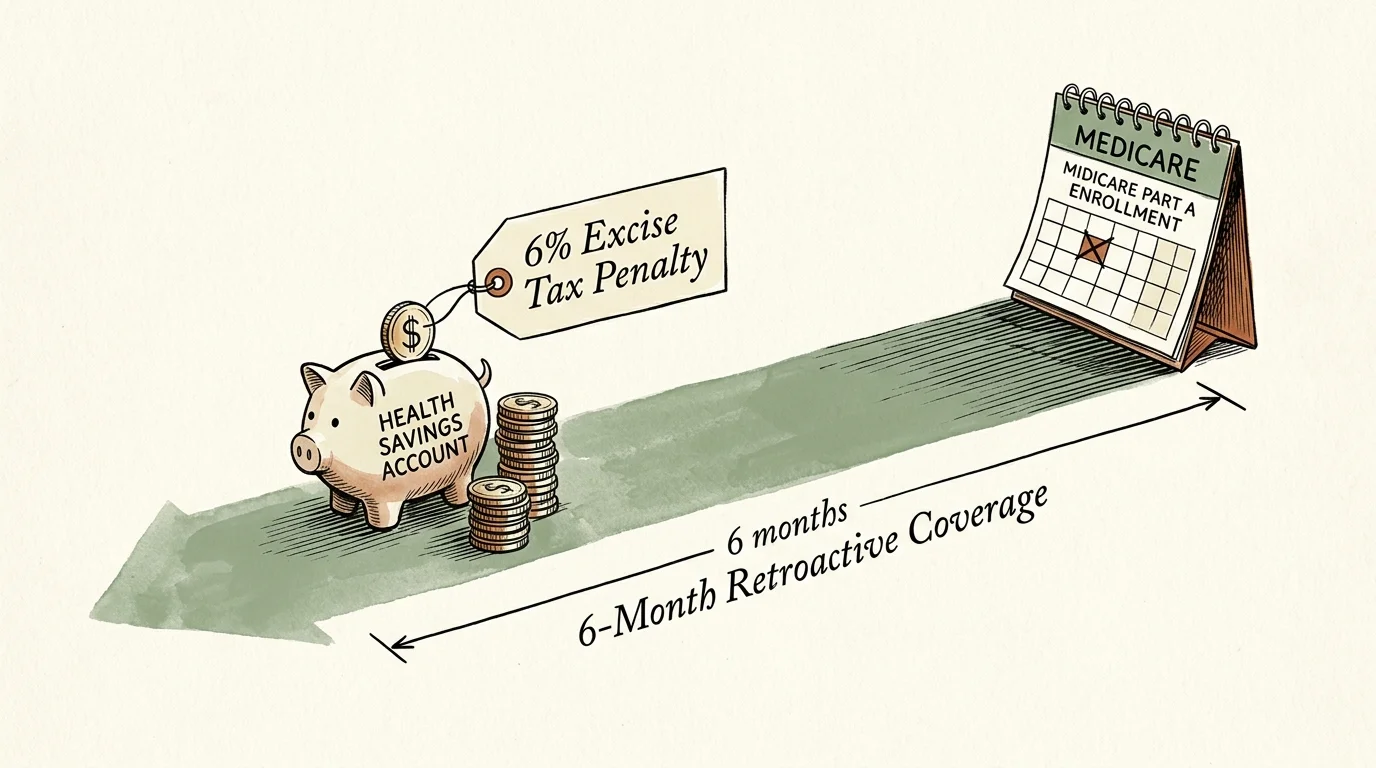 Illustration of a piggy bank with a 6% tax penalty tag pointing along a 6-month timeline to a Medicare calendar.