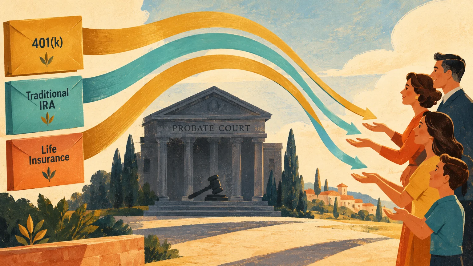 Illustration of arrows flowing from retirement and insurance envelopes over a probate court directly to a family's hands.